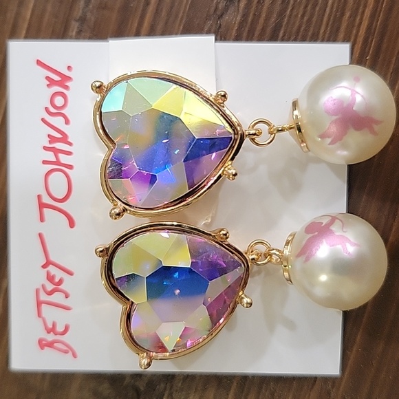 Betsey Johnson Jewelry - Betsey Johnson Gold Tone Iridescent Heart & Faux Pearl Cupid Motif Drop Earrings
